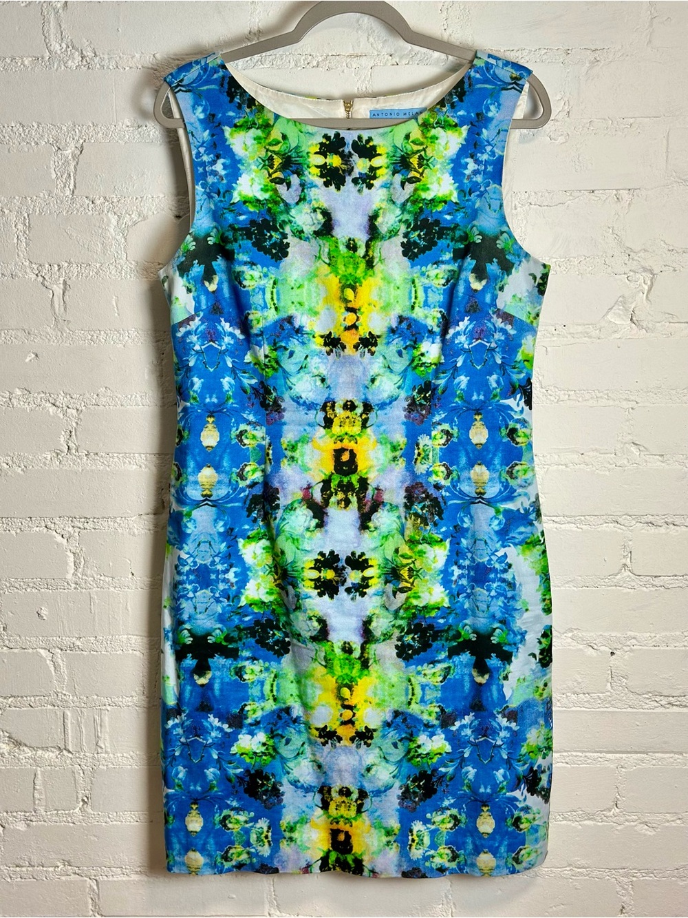 Antonio Melani Cotton Sheath Dress Vibrant Blue & Green Abstract Print Zip Back